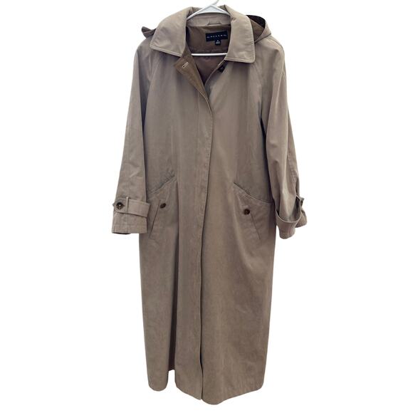 Gallery Women's Long Hooded Tan Trench Coat Size 8 Minimalist Officecore Chic - Picture 1 of 6